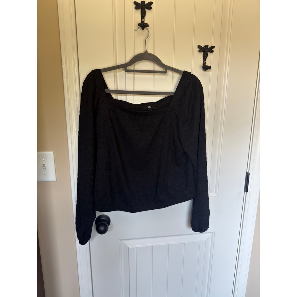 IZ Byer Womens XL Black Crinkle Square Neck Long Sleeve Blouse Top 107558D